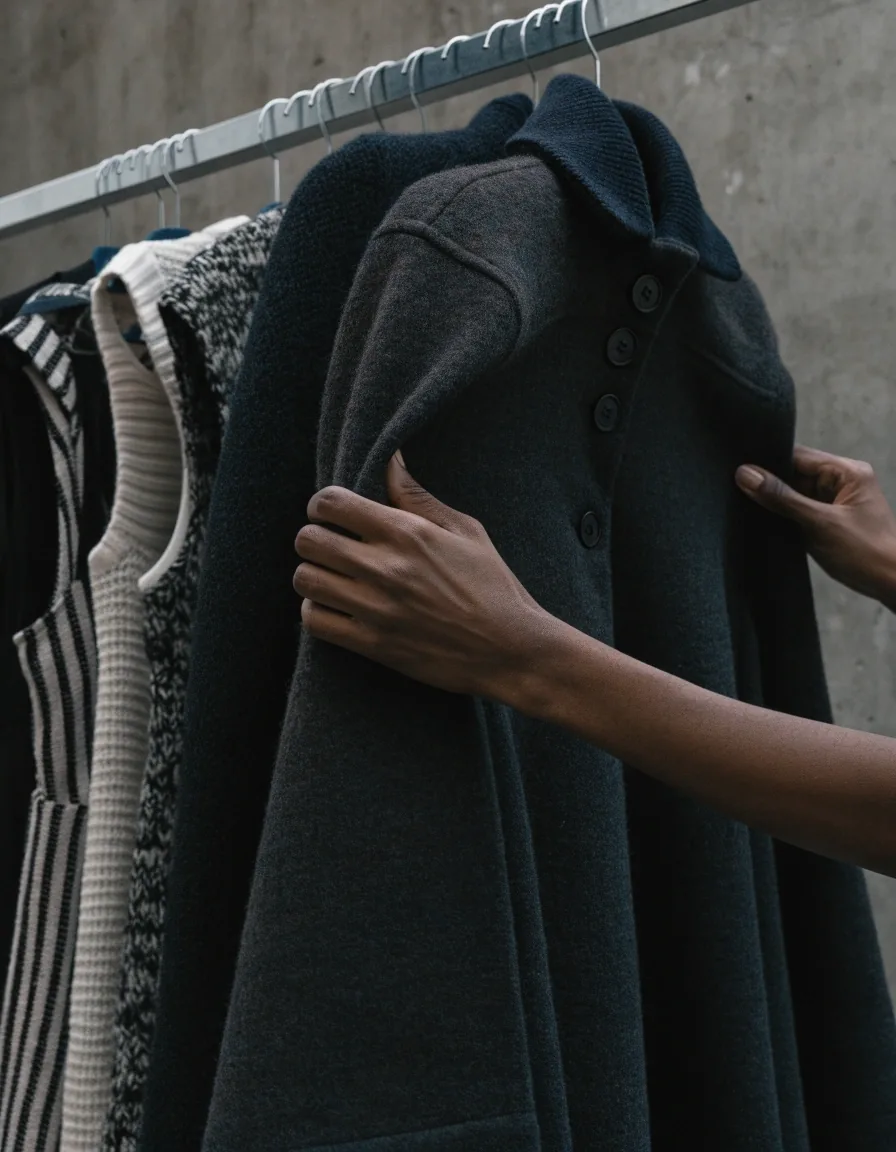 A rack of coats and knit dresses photographed at an angle in a plain studio
