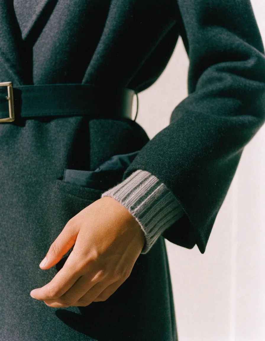 A close crop of a cuff, belt and hand at a coat pocket in tailored wool