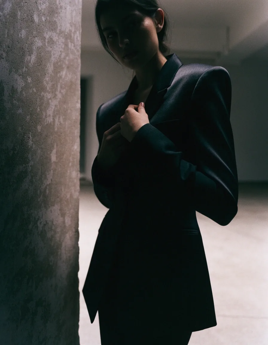 A profile crop of a short fur-textured jacket against a plain wall