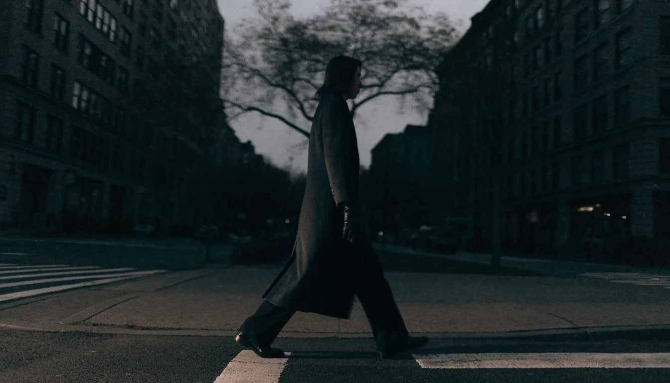 A lone figure crossing a dusk street corner in a long dark tailored coat