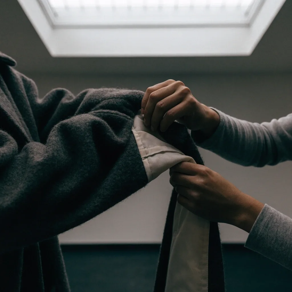 Hands turning back the cuff of a wool coat to show the lining and stitching in the Nazso studio
