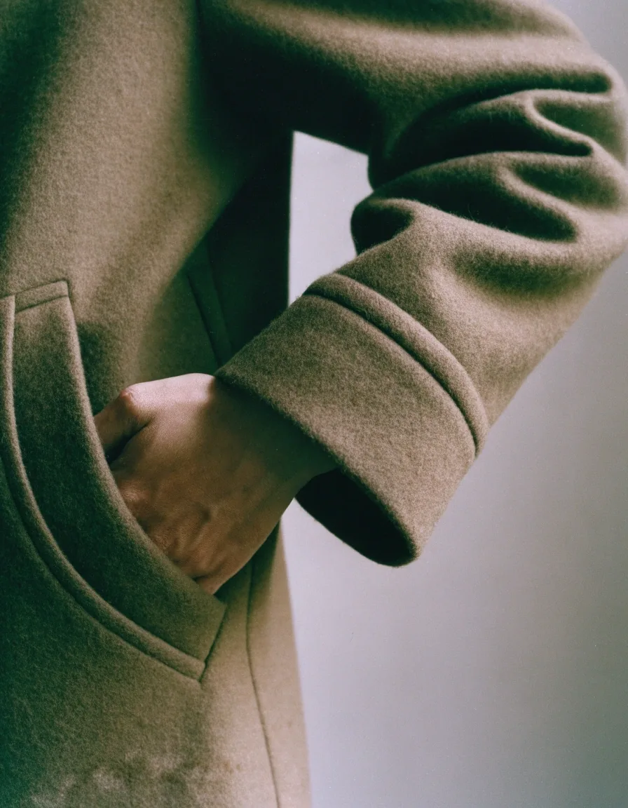 A close detail of a coat sleeve cuff with a hand resting at the pocket against a plain wall