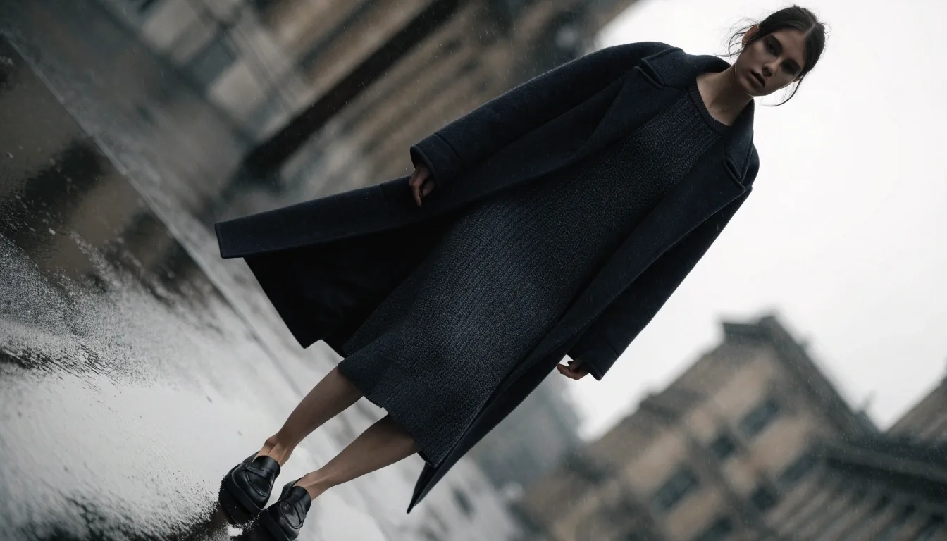 A woman in a long wool coat layered over a knit midi dress walking a city sidewalk in flat afternoon light