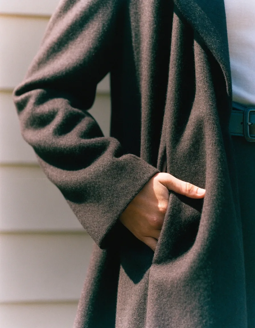 A hand resting in a coat pocket with a leather belt visible at the waist