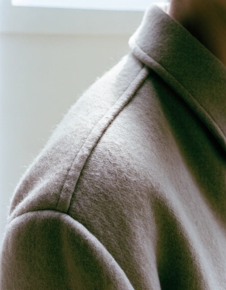Close profile view of a coat shoulder line and collar against a plain wall