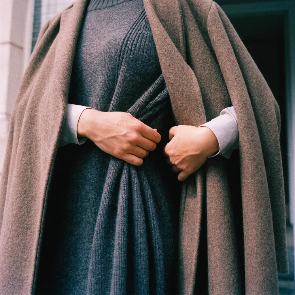 Hands closing a long coat over a dress, cropped at the elbow