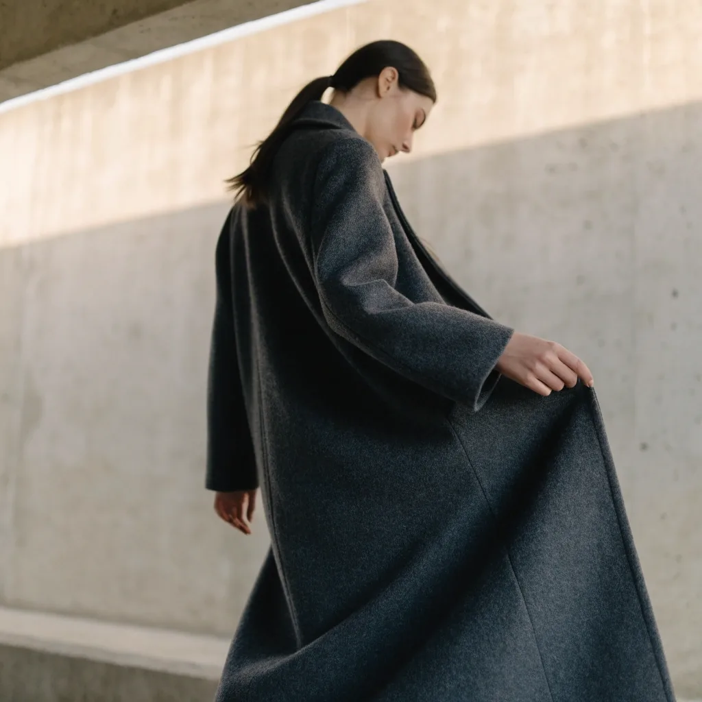 A wool coat on a hanger held against a plain concrete wall in flat studio light