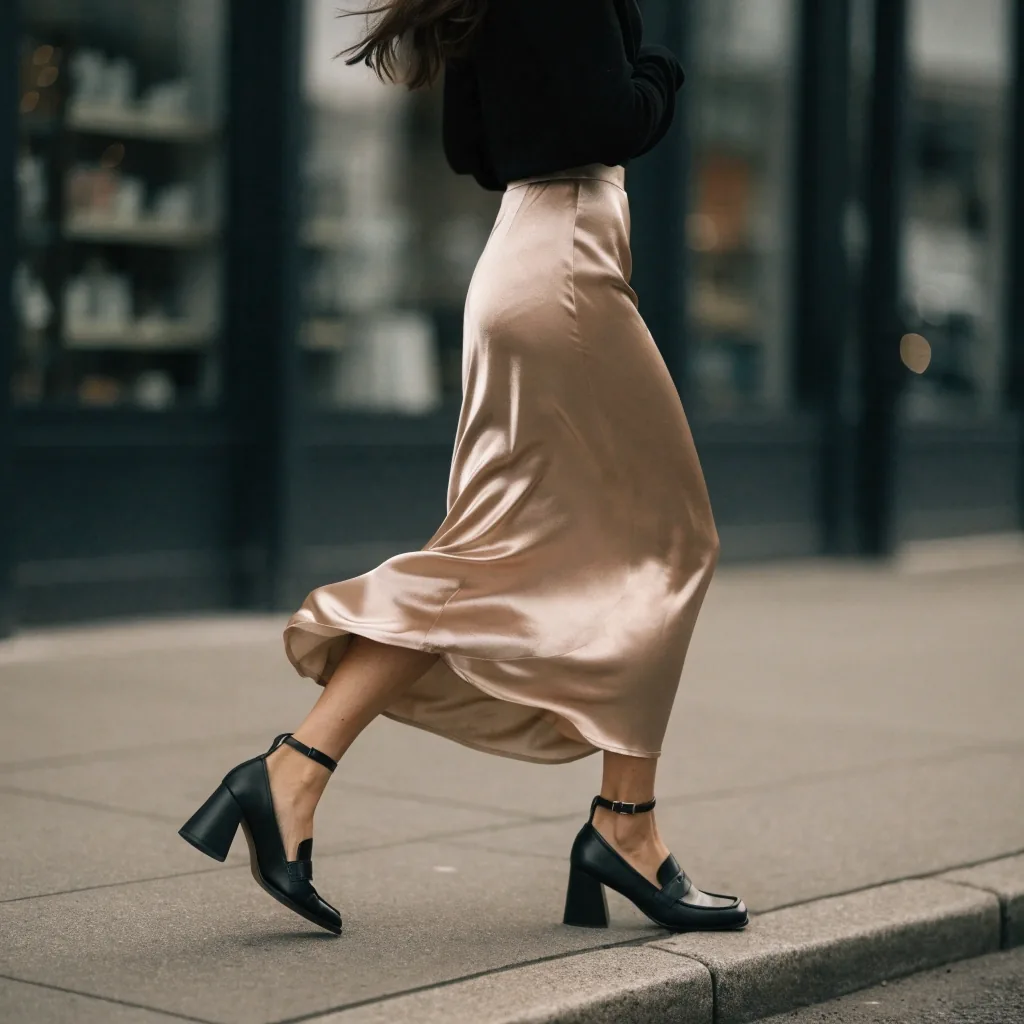 A close view of a midi skirt hem ending at the ankle above leather shoes