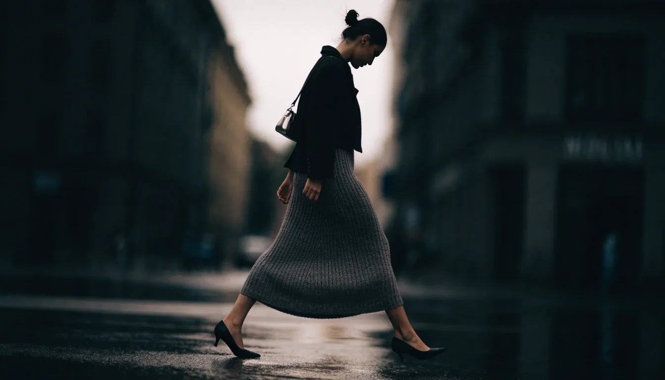 A cropped wool jacket layered over a long knit dress, seen mid-stride on a city sidewalk