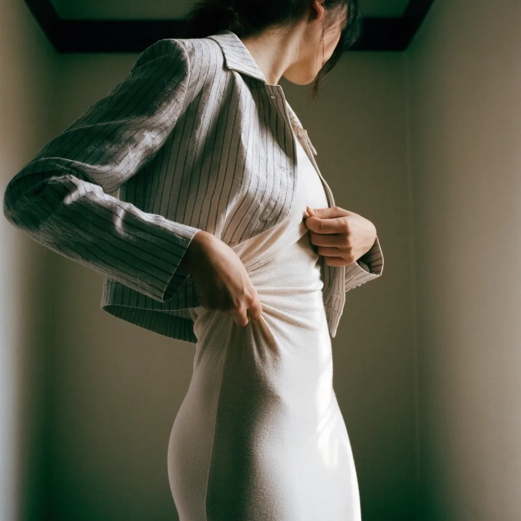 A person seen from behind adjusting a cropped jacket in front of a full-length mirror