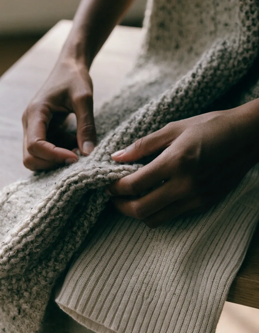Two folded knits in different gauges, one fine ribbed and one chunky, on a plain surface